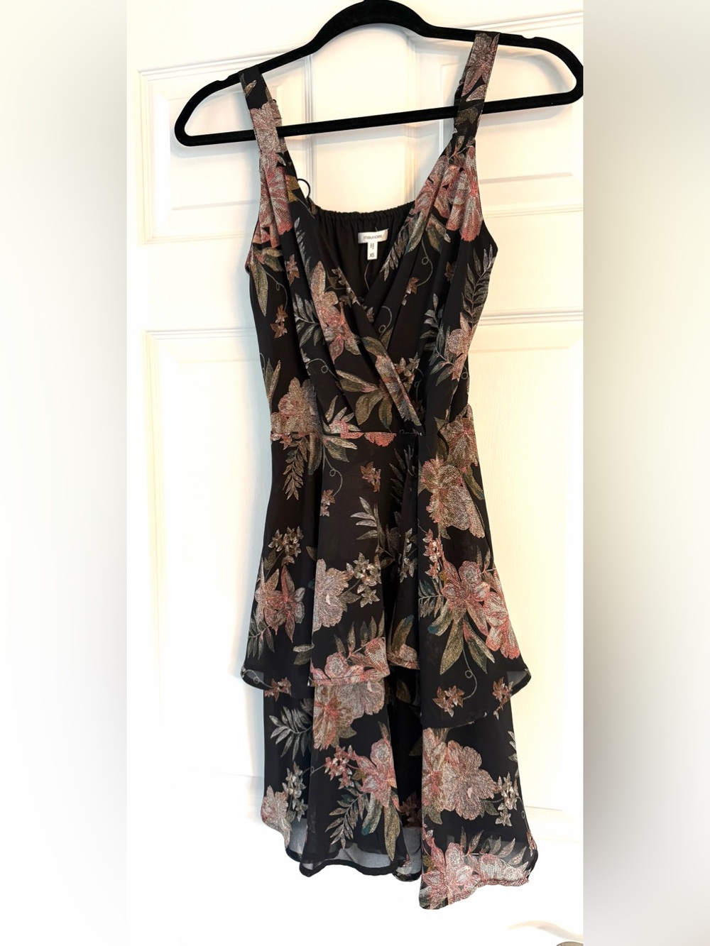 NWT-Maurices Boho Black & Pink Floral Mini Dress, Layered Skirt, Women’s XS